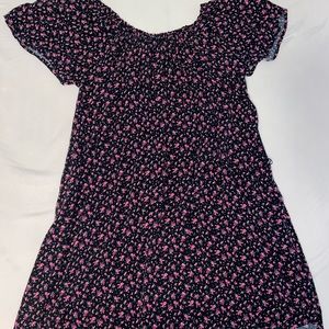 Off shoulder pink floral and navy dress